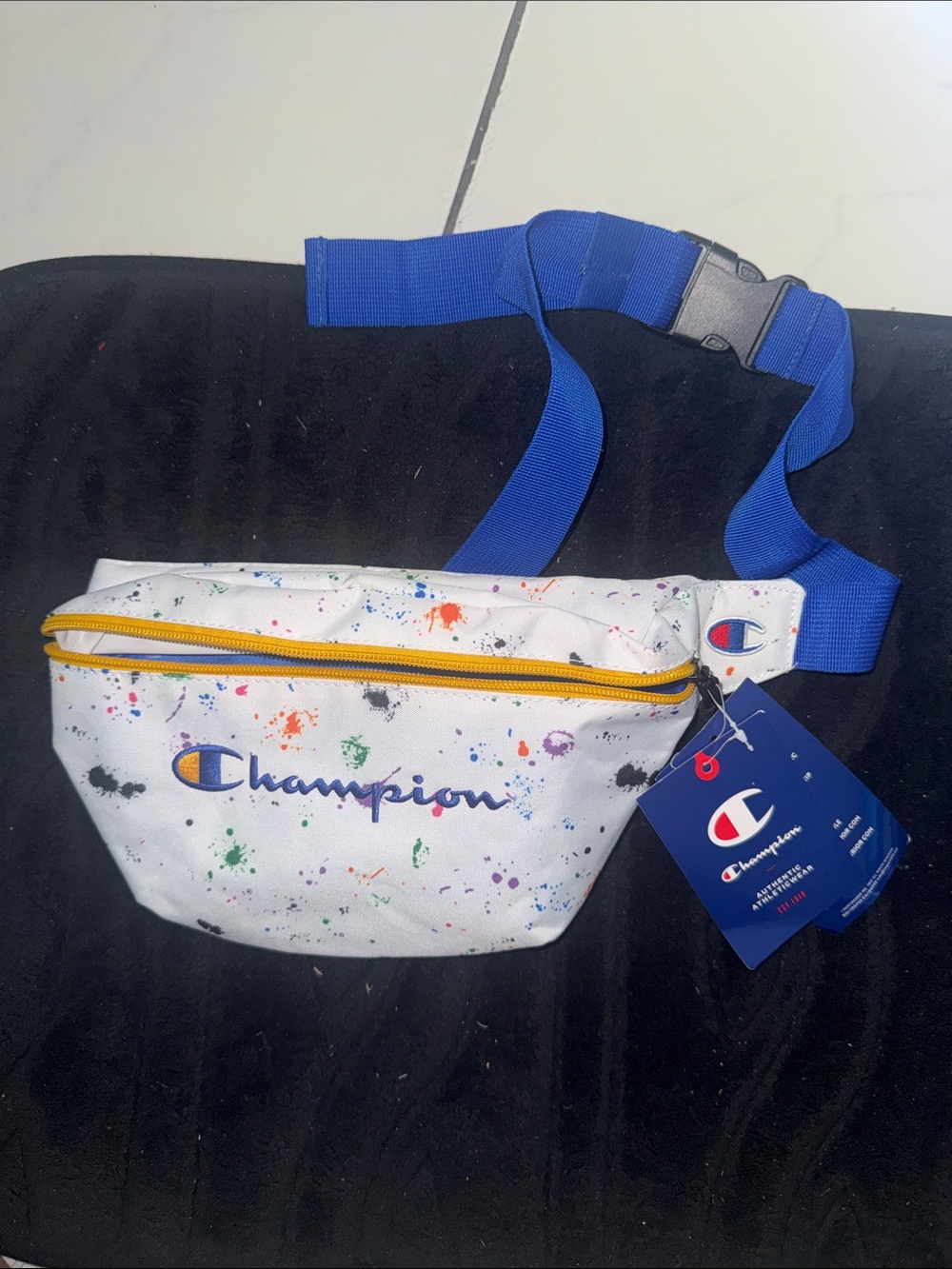 Champion White Paint-Splatter Waist Pack with Blue Strap